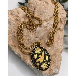 Vintage Damascene Style Necklace Oval Pendant Long 30" Gold Tone Floral Bird